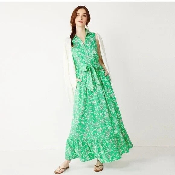 Draper James Dresses & Skirts - Draper James linen blend floral waist tie maxi dress Size XXL kelly green